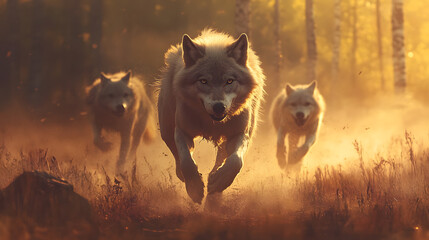 three wolves running in the wild. Animal background for wall decoration. high quality photo.