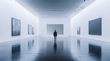 A solitary figure stands in a bright art gallery, surrounded by large abstract paintings and smooth reflective floors.