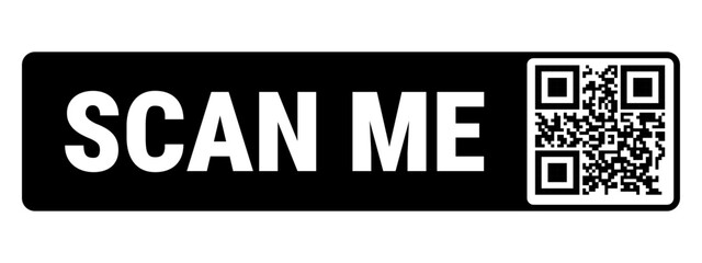 QR code scan me black block. White letters advise scanning. Square code for mobile phones reads data. Symbol for connecting device to network.