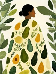 Illustration of woman wearing an avocado-print cloak, Ai generated