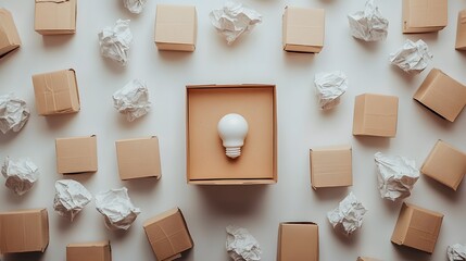 Light bulb surrounded by boxes representing bright ideas and creative solutions in a conceptual workspace setting