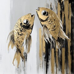 Surreal oil gold painting with two fishes, AI generated