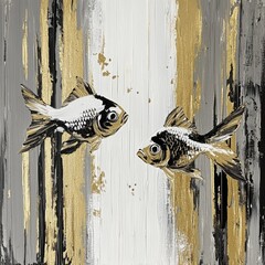 Surreal oil gold painting with two fishes, AI generated