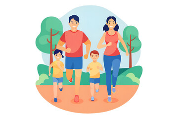 childhood obesity nutrition exercise community A family jogging together in a park surrounded by trees and greenery.