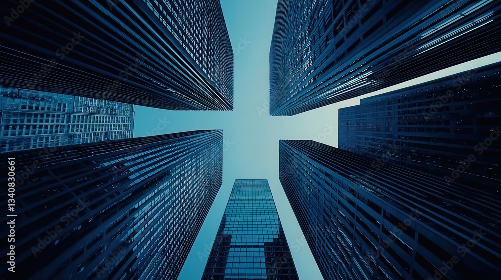 Poster modern skyscrapers with unique architecture in urban environment at dusk, captured from below plus p