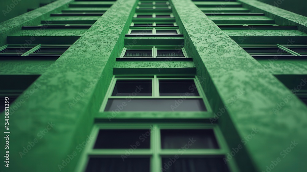 Aufkleber abstract green building facade with vertical lines and repeated windows enhancing urban aesthetics