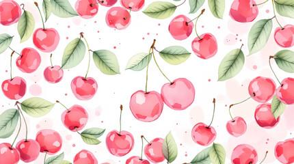 Watercolor red cherries on white background seamless vector pattern