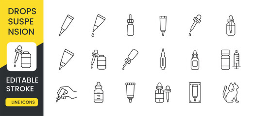 A set of line icons representing drops and suspension medications, with an editable stroke. The icons feature various forms of liquid medicine administration, including droppers, ampoules