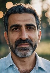 Fototapeta premium An Armenian man stands confidently against a softly blurred background, exuding wisdom and warmth. His thoughtful gaze reflects a deep appreciation for his surroundings Generative AI