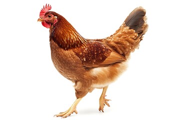 Fototapeta premium a brown hen walking confidently against a clean white background