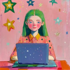 Illustration of girl on pink and green background, stars around, AI generated