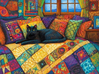 Fine art oil painting , cozy sofa and black cat on it, AI generated