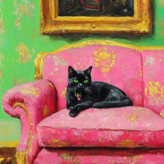 Fine art oil painting , cozy sofa and black cat on it, AI generated