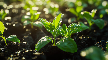 Morning sunlight illuminates young seedlings in moist soil with droplets of water glistening