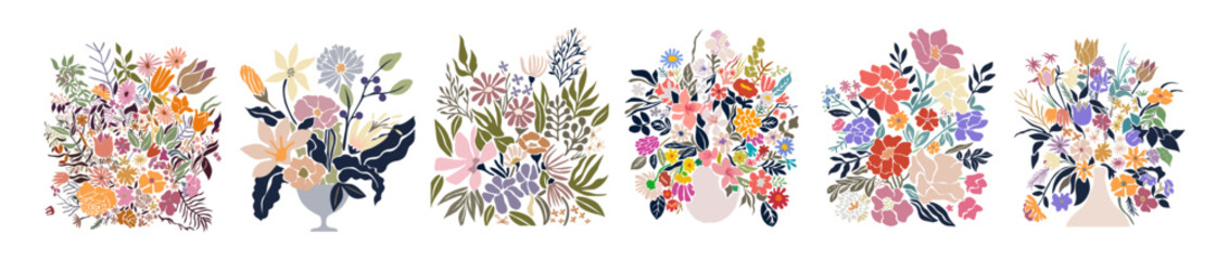 Set of abstract Flower compositions. Trendy botanical floral design in pastel colors for cards, invitations, posters, wall art. Vector illustrations isolated on transparent background.
