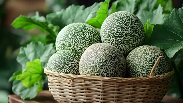 tropical market featuring a large basket of melons, woven patterns