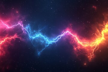 Fototapeta premium Abstract background with colorful lightning and starry sky, lightning in blue, orange, red, and purple colors