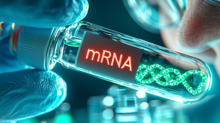 Close-Up View of Laboratory Scientist Holding mRNA Vial in Gloved Hand with Green DNA Helix Visual in Modern Research Setting