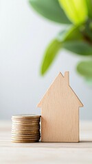 wooden house silhouette stands beside stack of coins, symbolizing financial investment in real estate. soft green leaves in background add touch of nature, enhancing serene atmosphere