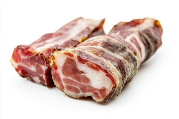 Obraz premium Slices of marbled bacon on white background presenting cured texture and freshness for cooking inspiration