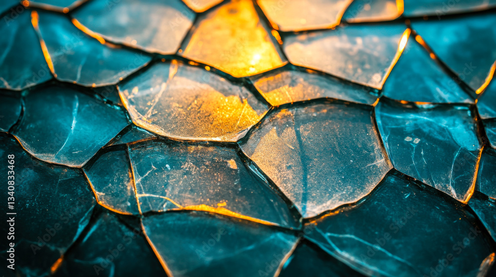 Aufkleber shimmering fractured glass with warm light illuminating the intricate patterns and textures in a clo
