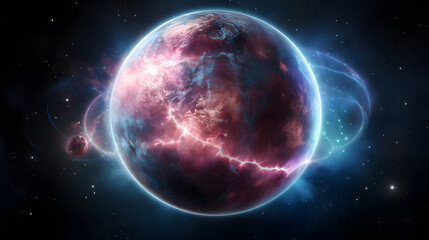 Fototapeta premium Enigmatic planet in space with swirling colorful atmospheric patterns creating a stunning celestial display of wonder.