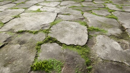 Gray stone pathway with green grass growing between the cracks