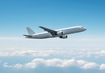 Commercial airplane flying over the clouds against the serene blue sky for air travel and aviation industry, offering transportation and a sense of wanderlust