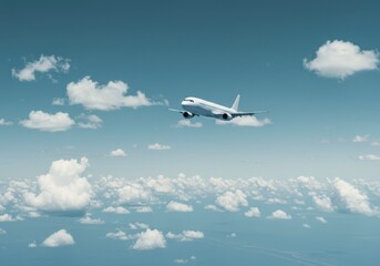 Obraz premium White passenger airplane flying in blue sky. Travel to destination, flight tourism concept. Commercial air transport for booking website, airline marketing