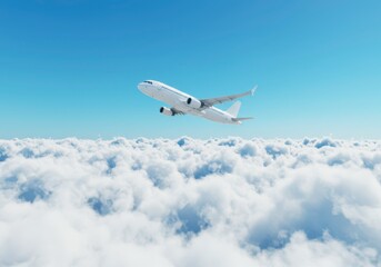 Obraz premium Jet in the sky above clouds, travel concept, aviation themes, for travel blog or design, plane flying over white clouds on bright sunny sky day