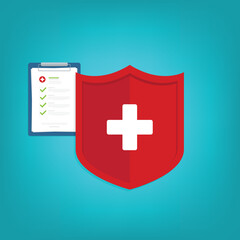Fototapeta premium Medical healthcare insurance. Red shield on patient protection policy. Medicine symbol. Vector illustration 
