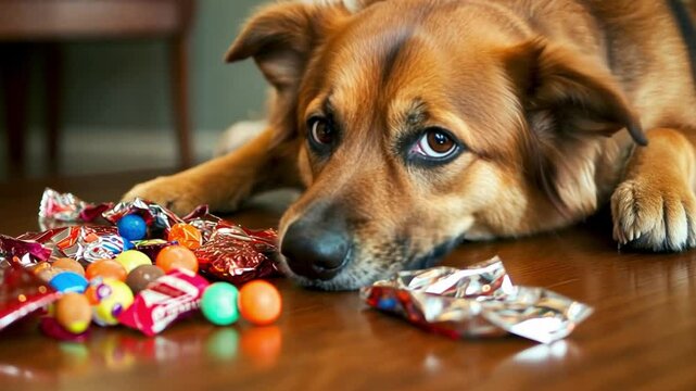 Adorable brown dog gazing longingly at colorful candy assortment on wooden table, showcasing its playful and curious personality in vibrant setting.
