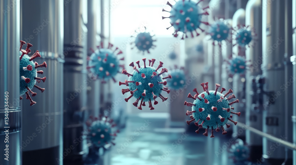 Poster viruses floating in factory environment, showcasing intricate details and vibrant colors, create cap