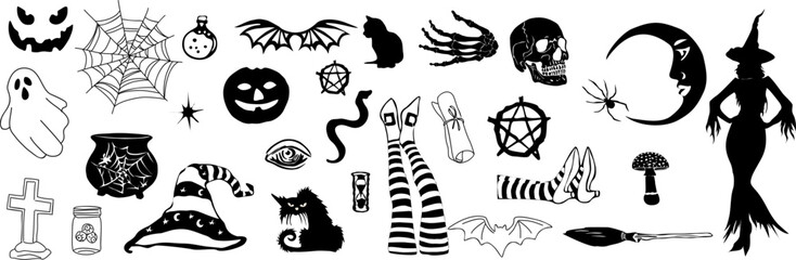 Set of Halloween silhouettes black icon and characters. Witch craft elements. Vector outline illustrations for cards, invitations, banner, cover. Isolated on transparent background.