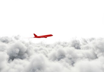 Red passenger plane flight above clouds, business travel success, journey towards destination, achievement concept for airline industry advertising promotion and aviation