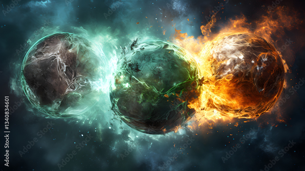 Poster two planets suspended in a vibrant nebula with layered cosmic elements and stunning colors creating 