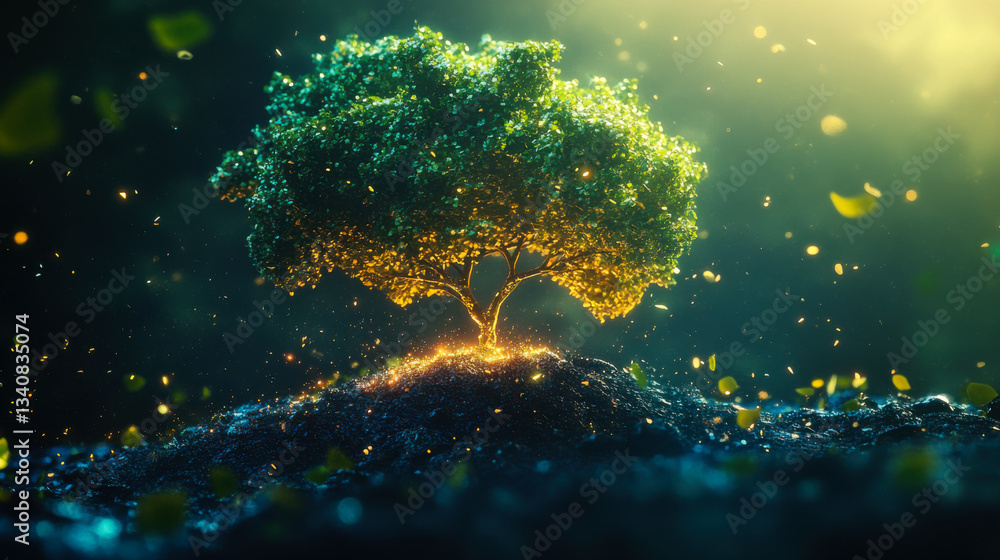 Aufkleber illuminated tree with glowing leaves in a magical forest setting during twilight