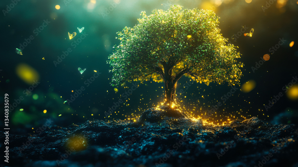 Aufkleber illuminated tree with glowing leaves in a magical forest setting during twilight