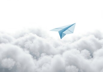 Fototapeta premium Paper airplane flying over fluffy clouds. Concept of freedom, creativity, ambition representing business innovation for greeting card about success future goals