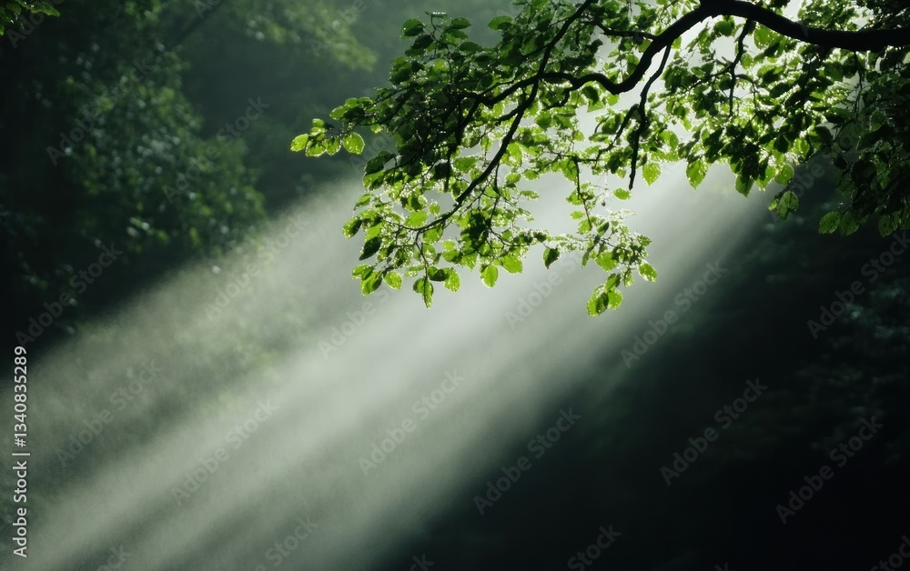 Poster sunbeams illuminate fresh green leaves on a tree branch in a misty forest creating a serene atmosphe