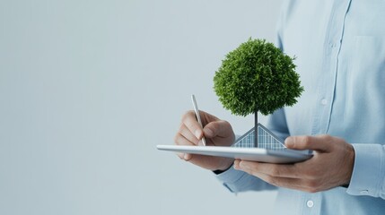Architect using digital tablet to design new energy efficient building with tree symbolizing sustainability and innovation