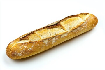 Fresh baked rustic golden baguette close up bakery cuisine artisan sourdough on white surface