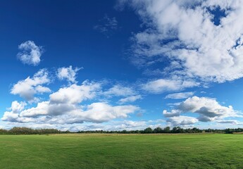 Green Field with Blue Sky and Clouds Landscape on a Sunny Day