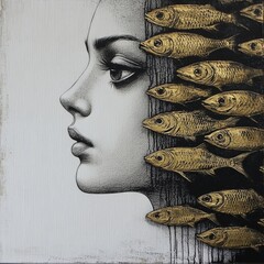 Surreal black and gold painting with woman and fish, AI generated
