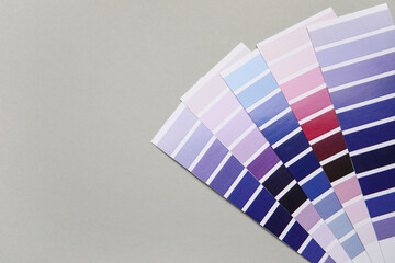 Violet palette samples on grey background. Top view