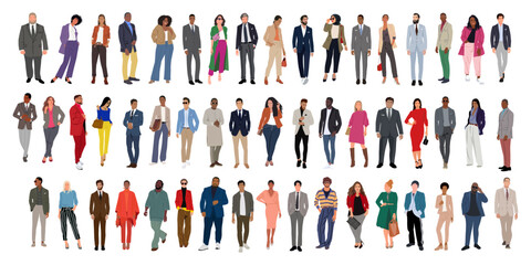 Modern business people bundle. Vector realistic illustrations of diverse multinational standing cartoon men and women in smart casual, formal outfits. Isolated on transparent background.