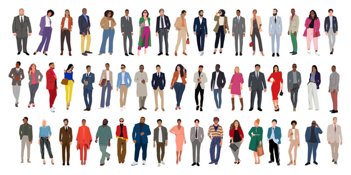 Modern business people bundle. Vector realistic illustrations of diverse multinational standing cartoon men and women in smart casual, formal outfits. Isolated on transparent background.
