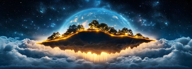 Naklejka premium A mystical floating island chain connected by glowing bridges, suspended above a sea of clouds