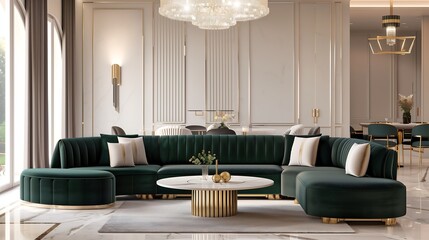 A luxurious living room interior featuring a deep emerald green velvet sofa, gold-accented decor, a marble coffee table, and an elegant chandelier hanging from a high ceiling
