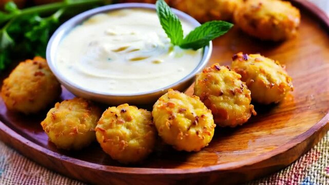 Golden fried kibbeh, crispy and perfectly shaped, arranged on a rustic wooden platter with a bowl of yogurt dip, Middle Eastern setting, warm natural lighting, fresh mint garnish
